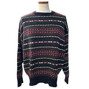 Vintage Woods & Gray Striped Knit Sweater XL Cottagecore Grandpa Navy Burgundy